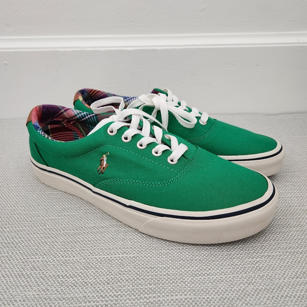 Polo Ralph Lauren Keaton Sz 8.5 Sneaker Pony Green Canvas Brown Leather Casual